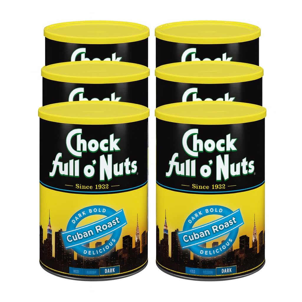 Chock Full o' Nuts Cuban Roast Ground Coffee – Premium Beans in Recyclable Steel Can – Rich Flavor & Aroma, Dark Roast – Perfect for Drip, Pour-Over, Percolator – 10.5 Oz Can, Pack of 6 Image
