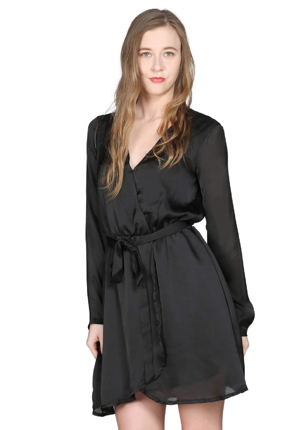 black wrap satin dress