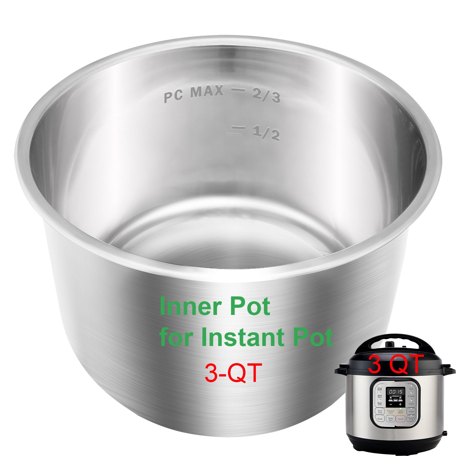 Stainless Steel Inner Pot for Instant Pot 3-Qt, 304 (18/8) Stainless Steel Replacement Pot for Instant Pot 3-Quart, Insert for Insta Pot, Liner for Instantpot with Thick Bottom, Non-Toxic (No Teflon)
