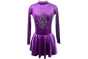 LIUHUO Women's Long Sleeve Velvet Out Figure Ice Skating Skirt Ballet Gym Leotard Dress