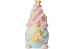 DN DECONATION Easter Decorations Lighted Gnome Figurine, Ceramic Battery Operated LED Easter Decor with Pink Hair Holding Egg