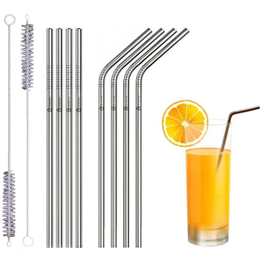 Set of 10 Reusable Metal Straws Drinking, 216mm Eco-Friendly Stainless Steel Drinking Straws for Cocktail, Milkshake, Cold/Hot Drinks (4 Straight + 4 Bent + 2 Cleaners) BPA Free — image 1