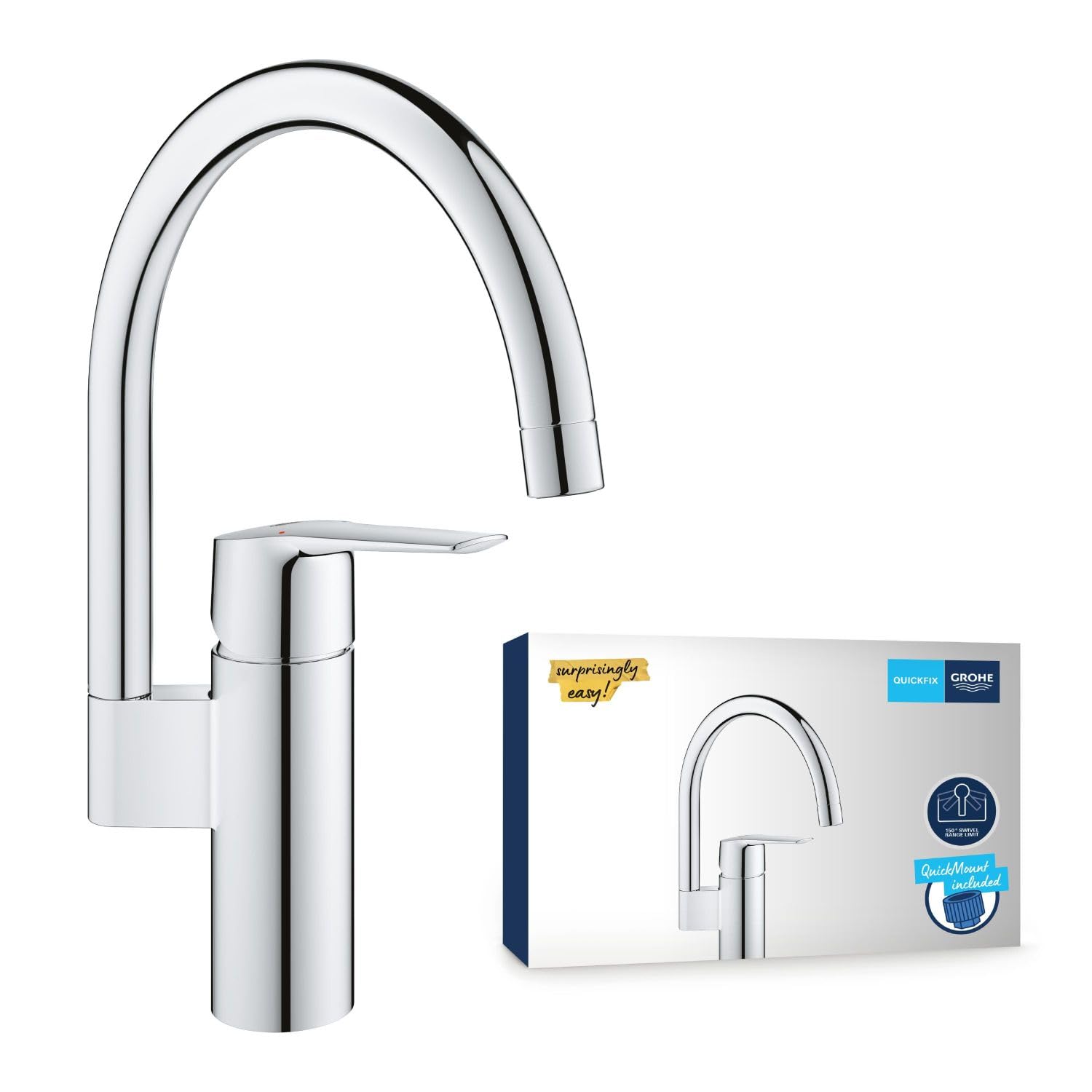 GROHE QUICKFIX Start – Kitchen Sink 1 Lever Mixer Tap (High C-Spout, 150° Swivel Area, 1-Hole Installation, 35 mm Ceramic Cartridge, Tails 3/8 Inch, QuickMount Included), Size 339 mm, Chrome, 30469000