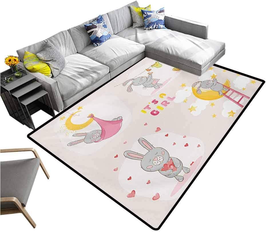 Teen Girls Bedroom Carpet Bunny Rabbit Sleeping Doing Laundry Picking Stars Love Cartoon Art Cute Design Non-Slip Doormat Carpet Yellow Beige (5'7"x6'6")