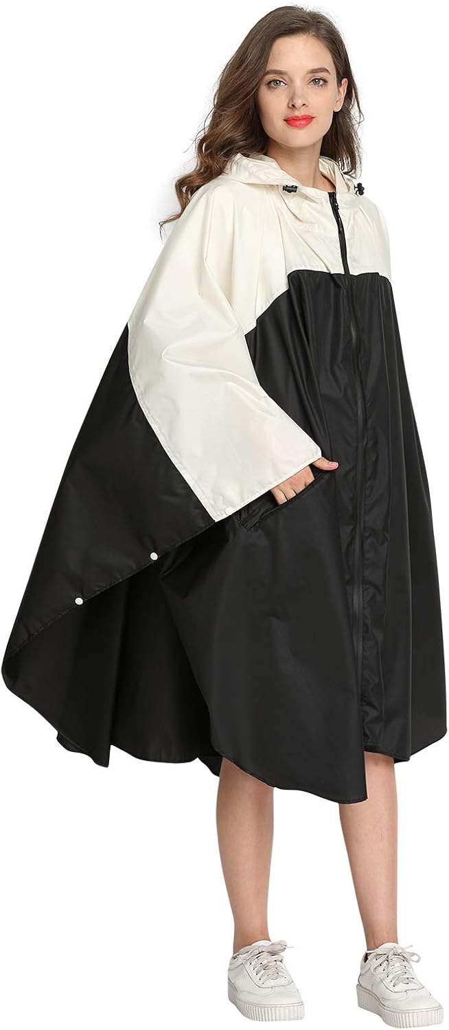 Spmor Rain Poncho Hooded Waterproof Raincoat Jacket for Adults with Zipper Black one Size: Clothing