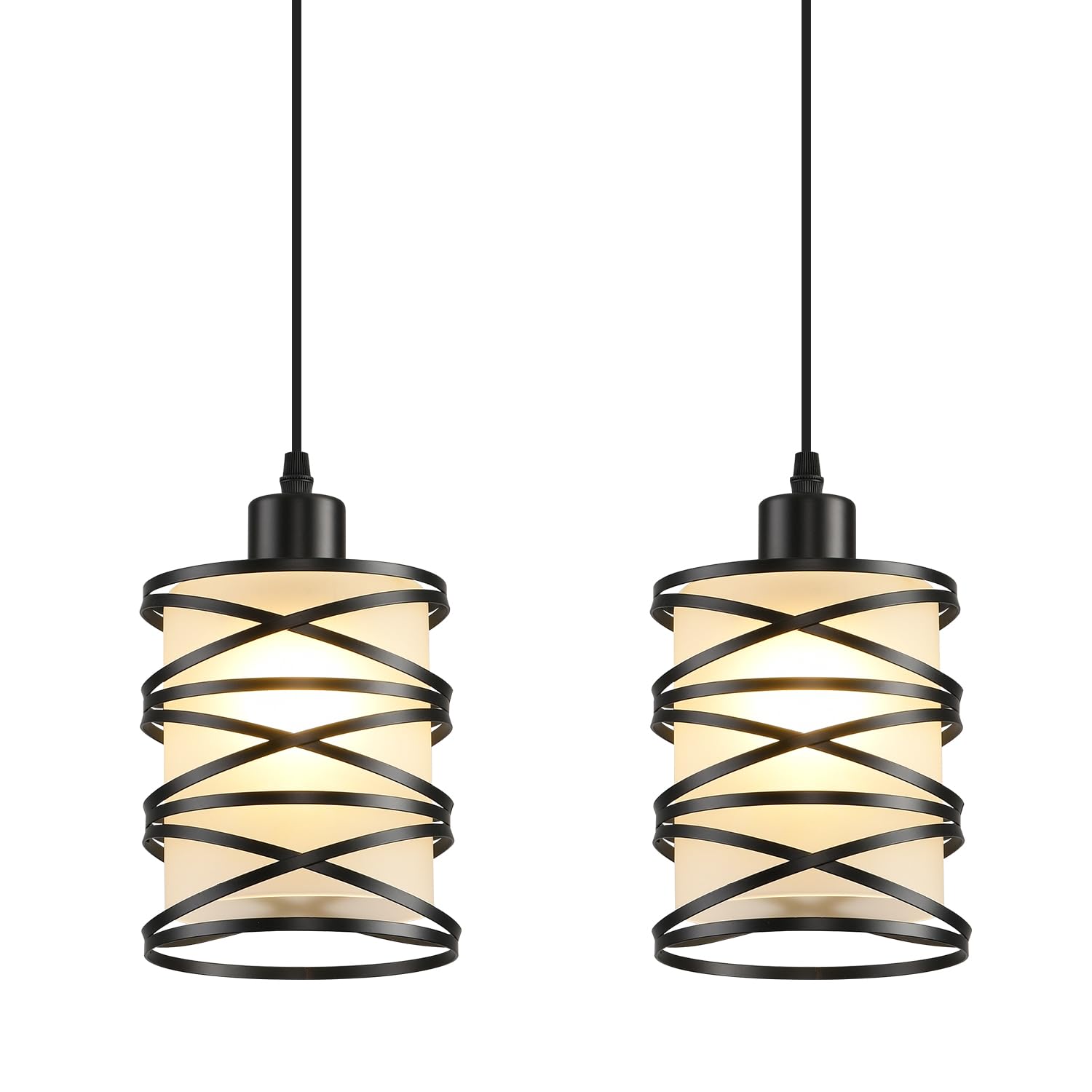 Photo 1 of 2 Pack Pendant Light Kitchen Island Pendant Lighting, Hanging Light with Spiral Cage Frosted Glass Shade, Black Modern Indoor Hanging Lamp