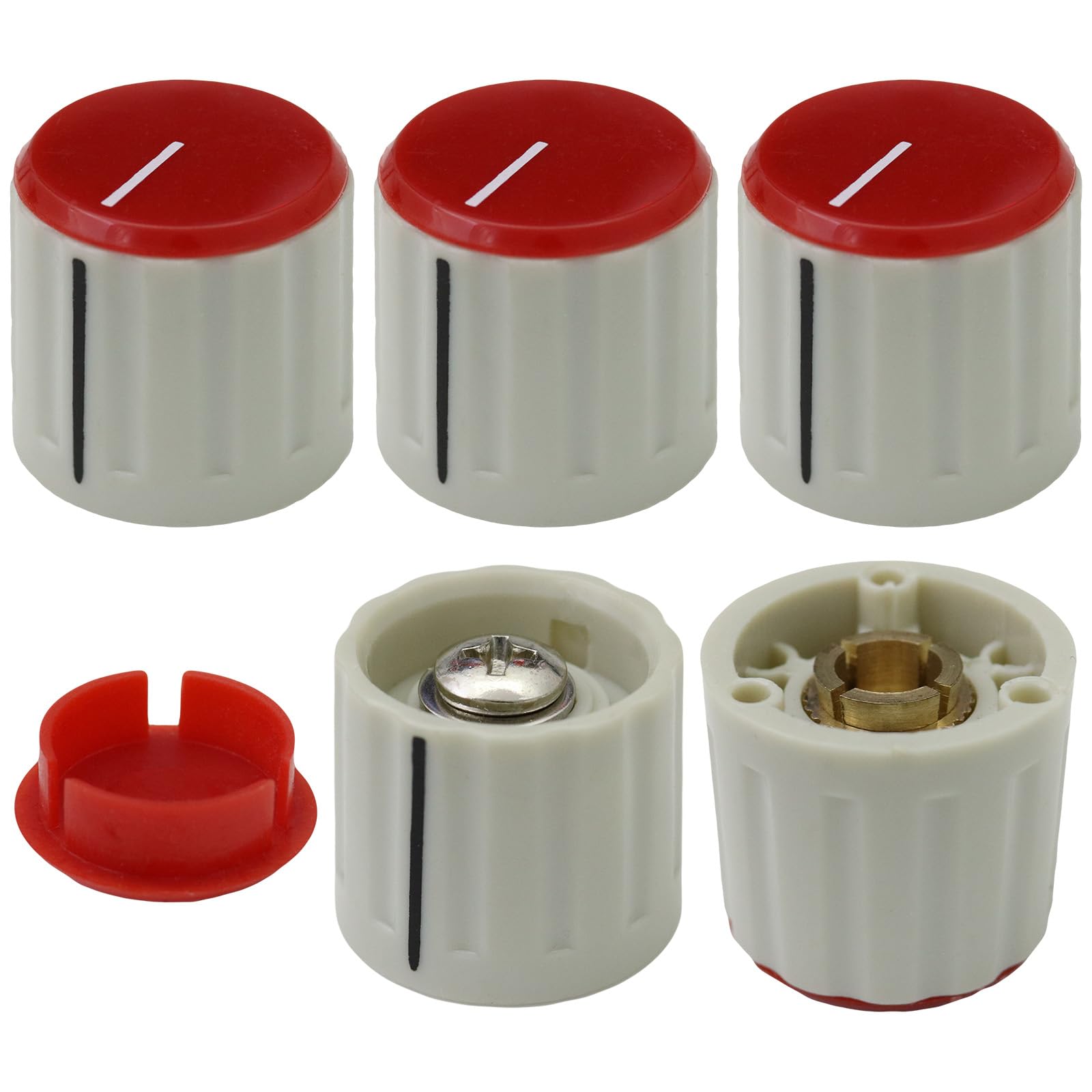 6mm Round Hole Colour Cap Collet Fixing Control Knob Pack of 5 (Red)