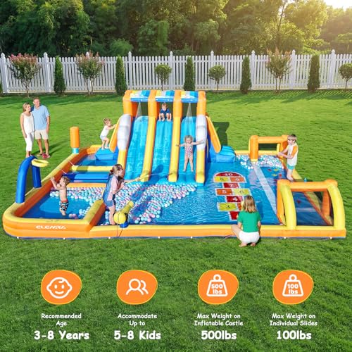 ELEMARA 12-in-1 Inflatable Water Slide Park for Big Kids, 20.07x15.91FT Bouncer with 3 Long Slides, Climbing Wall, Digital Springboard & Splash Pool, Includes 950W Air Blower