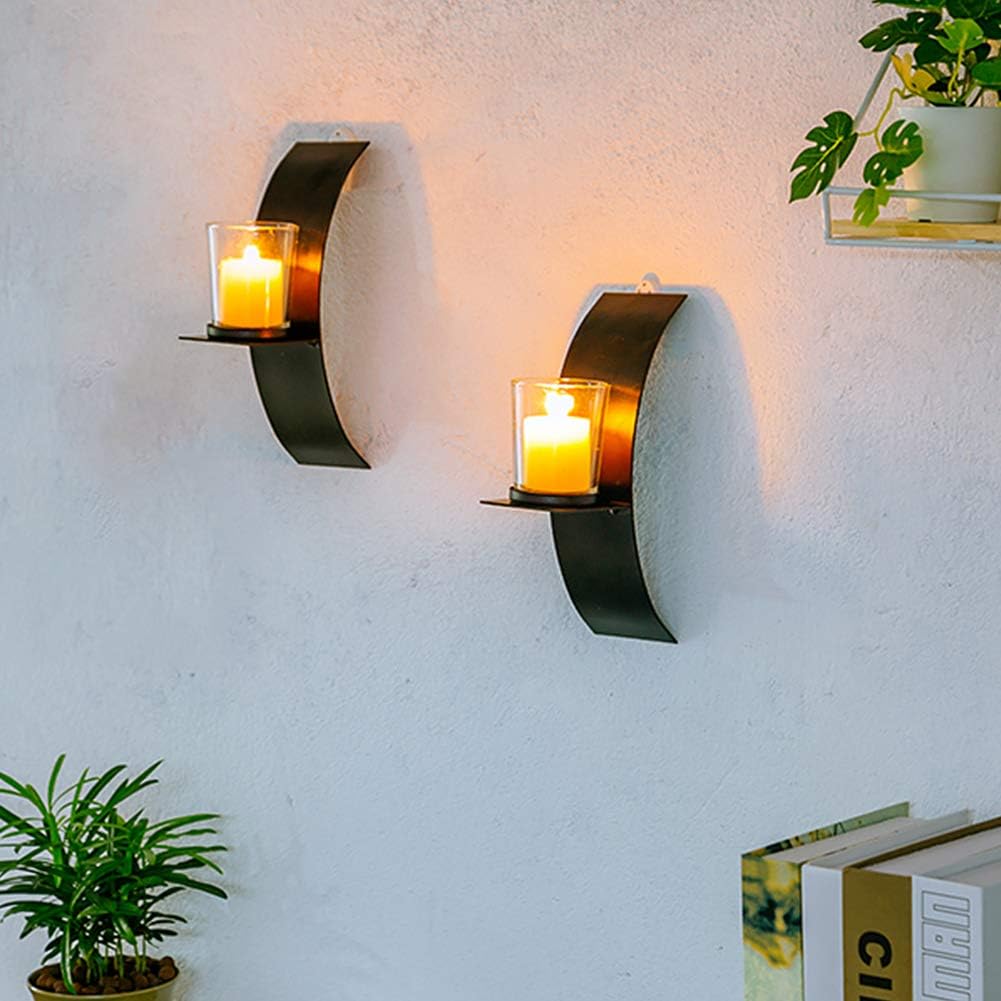 Sziqiqi 2Pcs New Home Candlestick Holders Handmade Iron Hanging Wall Sconce Candle Holder Shelf Furnishing Articles Decoration, Black - Image 5
