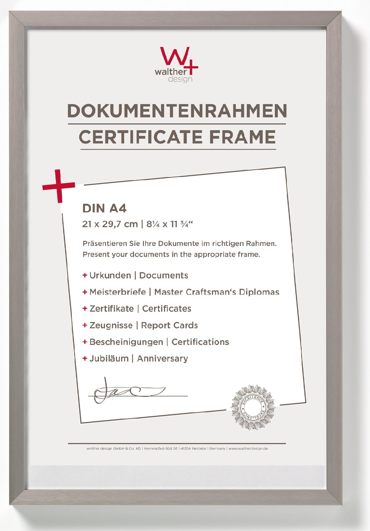 walther design Picture Frame Steel 21 x 29,7 cm (DIN A4) Aluminium Document Frame Chair Aluminium Frame AJ130D