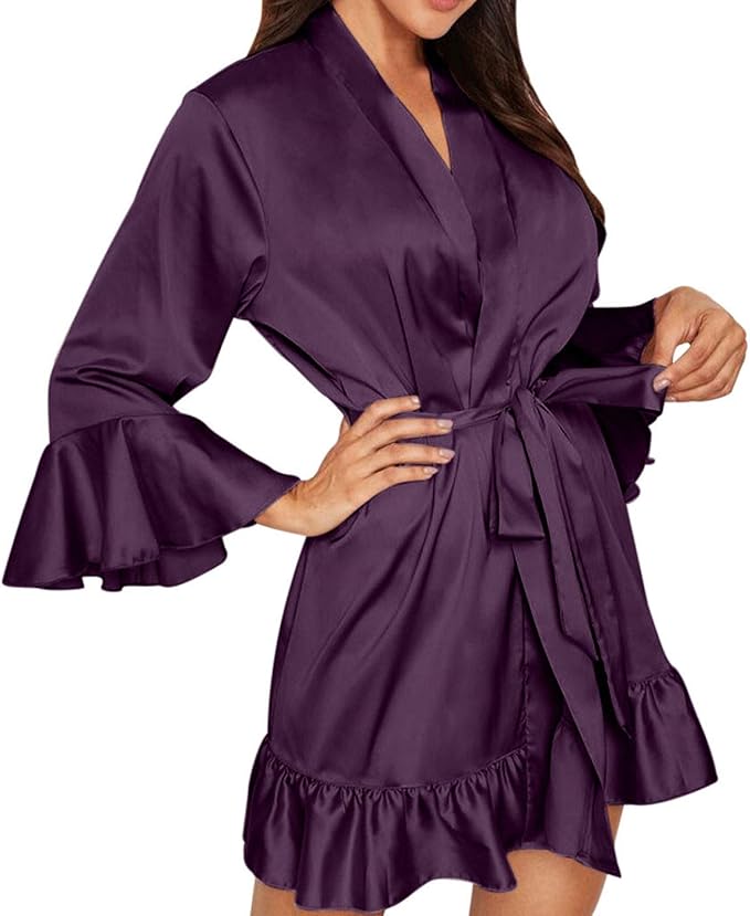 Womens Robe, Sexy Lace Bandage Ruffled Sleeve Bathrobe
