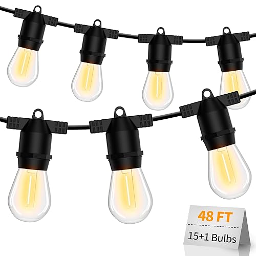 alitade S14 LED Outdoor String Lights, IP65 Waterproof 48FT Outside Patio Lights, Edison Shatterproof Bulb Vintage Backyard Lights, Balcony, Deck, Garden Lights