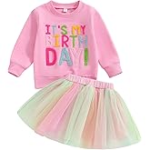 Toddler Baby Girls Birthday Outfits Birthday Girl Embroidery Letter Sweatshirt Tops+Rainbow Tutu Skirt Fall Clothes