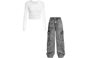 GOLLUNER Tween Girls Clothes 2 Piece Long Sleeve Top + Denim Cargo Pants, Teen Girls Fall Clothing Set, Sizes 5-12 Years