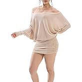 Best Rose Women's Off The Shoulder Dress Long Sleeve Batwing Mini Ruched Sheer Y2K Oversized Casual Streetwear Sexy Dress