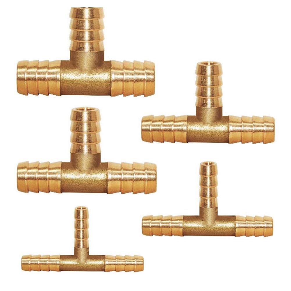 YIXISI 5 PCS 6/8/10/12/14 mm Repair Connector, 3-Way T-Piece Fuel Hose Barbed Joiner Adapter for Fuel, Air, Water, Gas, Oil - Brass Construction