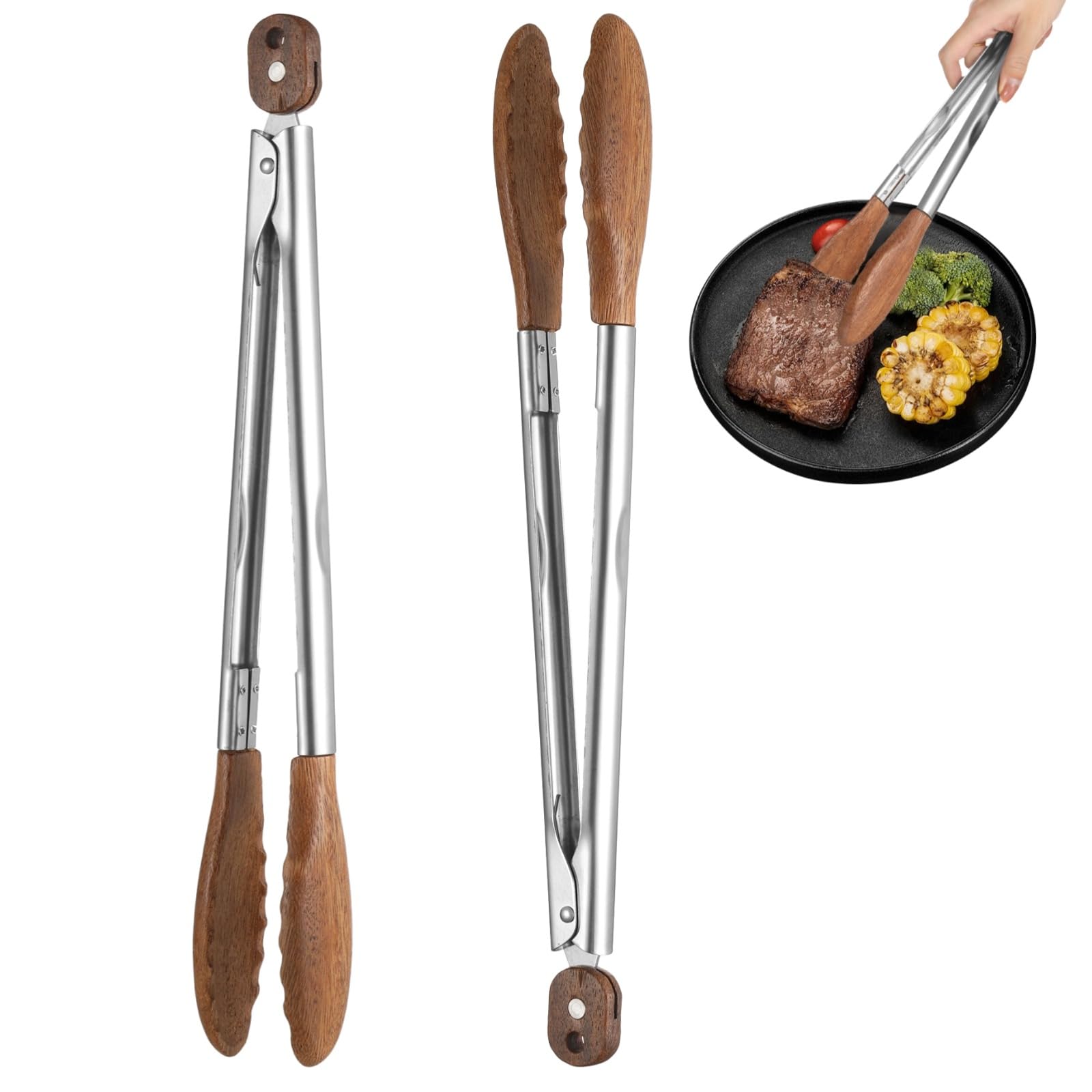 Photo 1 of 2 Pcs Walnut Wooden Tongs, Stainless Steel BBQ Tong with Wood Tips, 12-inch Long Handle Kitchen Tong, Heat Resistant Salad Tongs, Ideal for Grilling, Cooking, Charcuterie