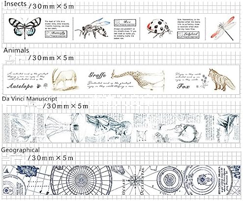 Study Series Water Color Washi Masking Tape Set of 4, Decorative Masking Tape Collection,Tape for DIY Crafts and Gift Wrapping Supplies (Animals, Insects, Da Vinci and Geographical)