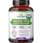 Zazzee USDA Organic Vitex Chasteberry, 120 Vegan Capsules, 4 Month Supply | 4:1 Extract, Vitex Chasteberry Supplement for Women, Hormonal Balance &amp; Cycle Support, Certified Kosher, Made in the USA