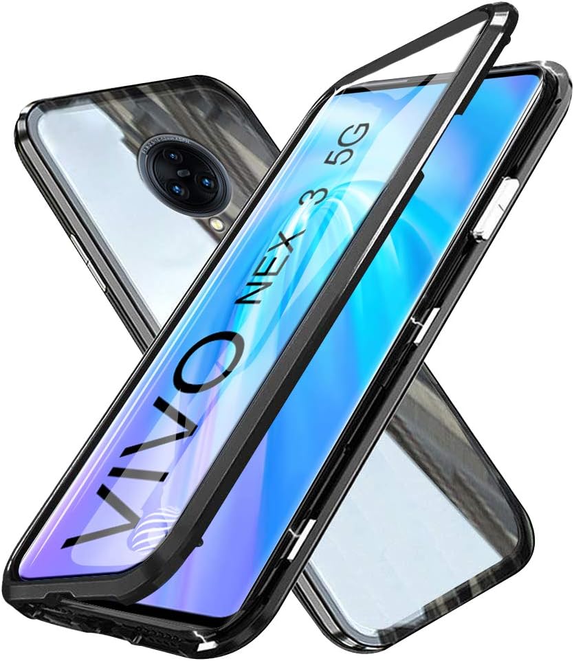 For Vivo Nex 3 5G Case, Fullbody Magnetic Adsorption Flip Cover with Tempered Glass One-Piece Design Ultra Slim Metal Bumper Frame and Shockproof Collision Protective Shell - Black