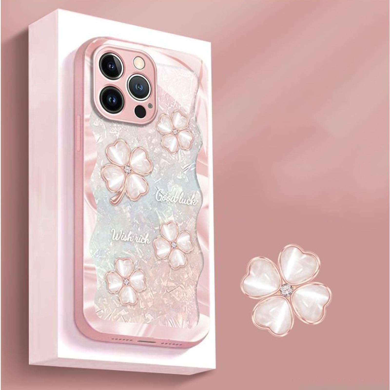 Glitter Clear Case Compatible for iPhone 14 pro, Flower Floral Case, Cute Four-Leaf Clover Pattern, Shockproof, Clear Shockproof Phone Cases, for Girls, Women, Men