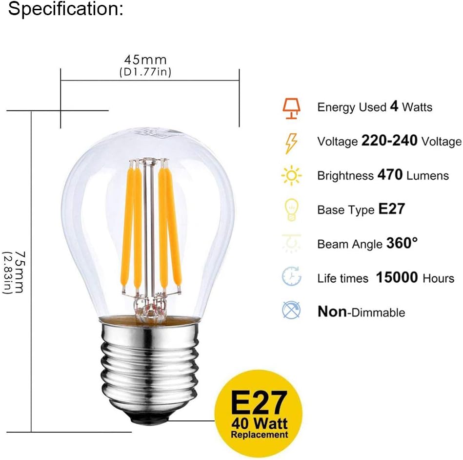 10-Pack E27 LED Golf Ball Bulb 4W, 40W Equivalent, G45, 2700K(Warm White), Non-Dimmable,LED Light Bulb, Energy Saving Light Bulbs - Image 3