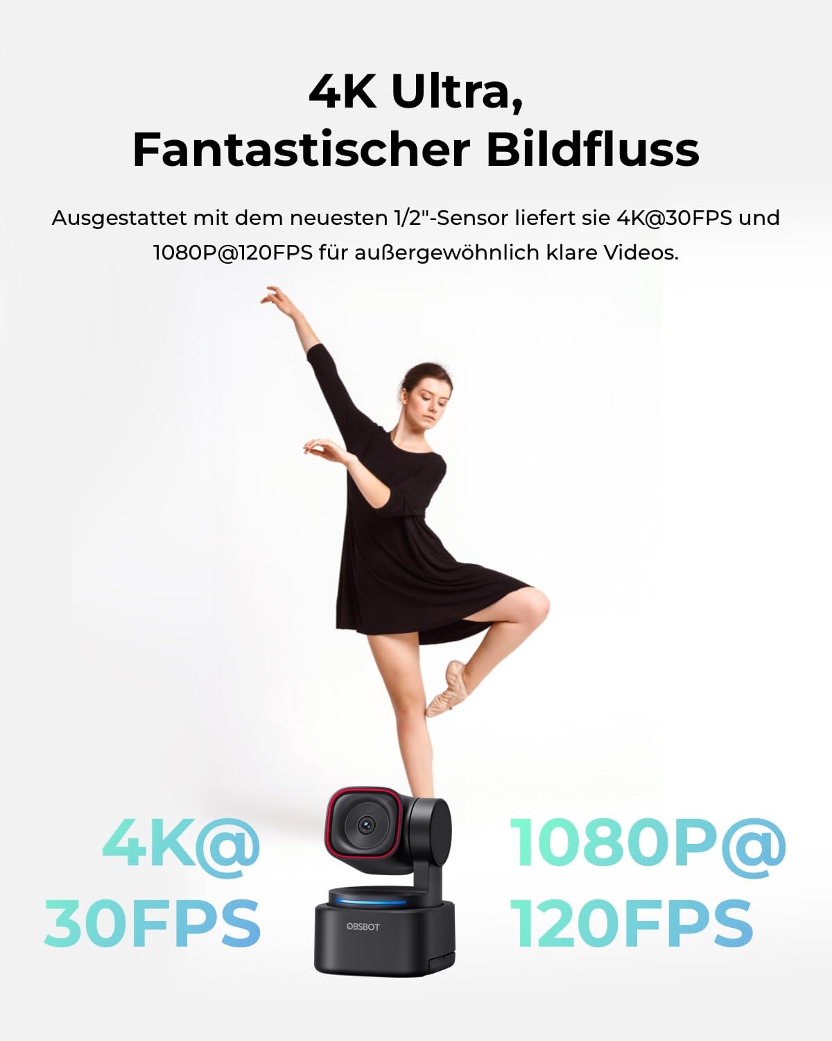 OBSBOT Tiny 3 Lite AI-Powered Spatial Audio 4K Webcam – Kompakte AI-Tracking-PTZ-Kamera mit 1/2"-Sensor, Tri-Mic, Voice Control, 120FPS, HDR, Webcam für PC, Mac, Laptop, Streaming, Meeting, Switch 2 2