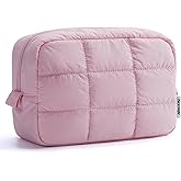Narwey Puffer Travel Makeup Bag for Women Girl, Quilted Puffy Cosmetic Bag Make Up Bag Organizer, Cute Travel Toiletry Bag for Toiletries (Pink)