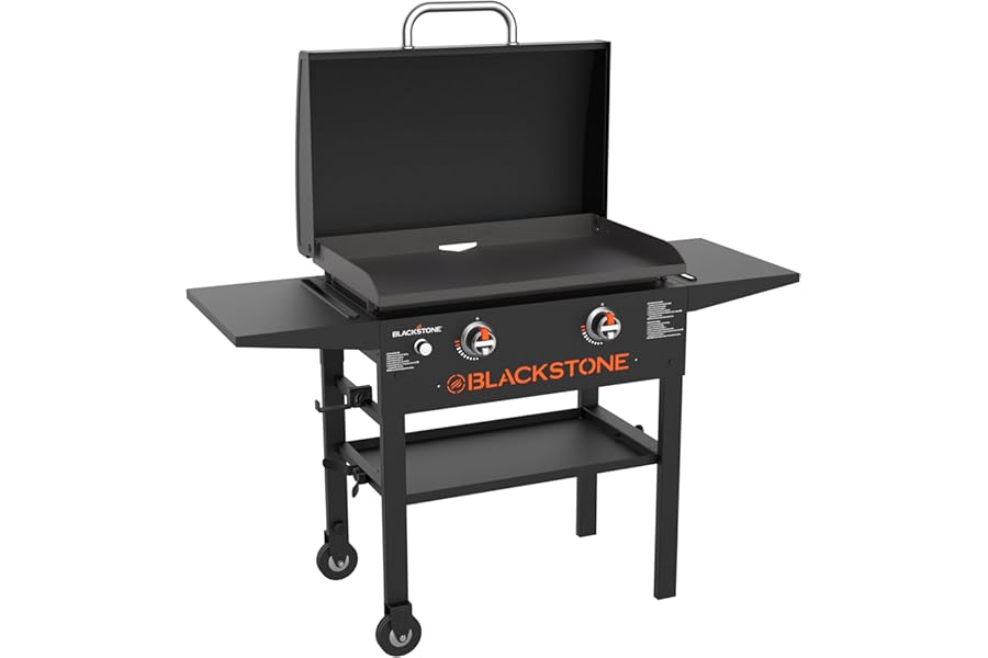 BLACKSTONE 1883 Original 28” Griddle with Integrated Protective Hood and Counter Height Side Shelves, Powder Coated Steel, Black