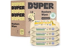DYPER - Newborn Baby Wipes - 99.9% Water, 100% Plant-Based, Unscented & Hypoallergenic, Soft for Sensitive Skin, Plastic-Free, Skin-Friendly Ingredients - 4 Pack (224 Wipes)