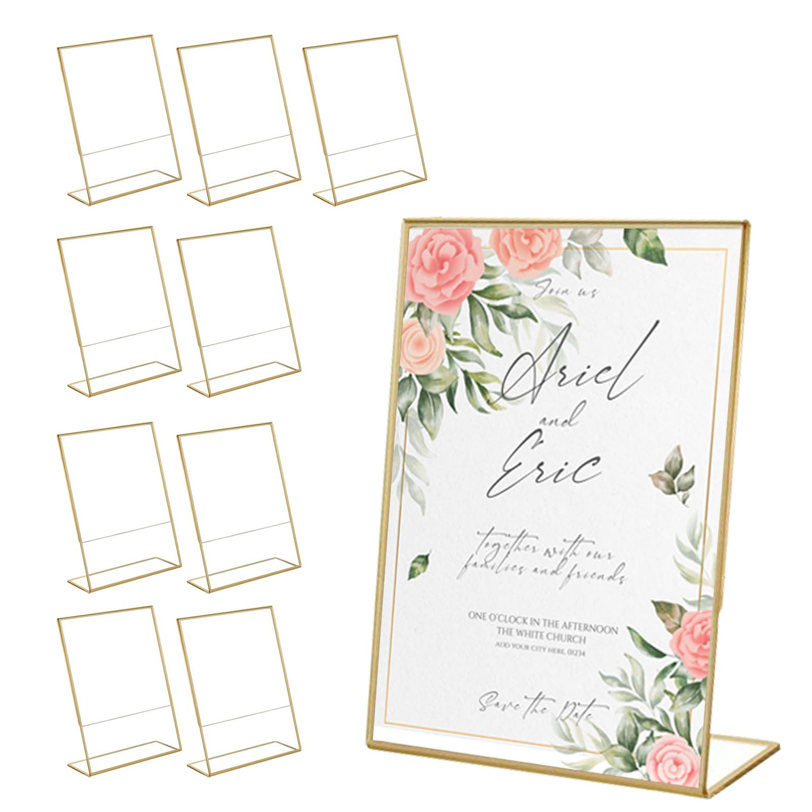 YunBey 10 Pcs A5 Display Stand with Gold Borders Clear Acrylic Sign Holder L-Shaped A5 Plastic Menu Holder for Restaurant Signs, Wedding Table Numbers, Photos Display