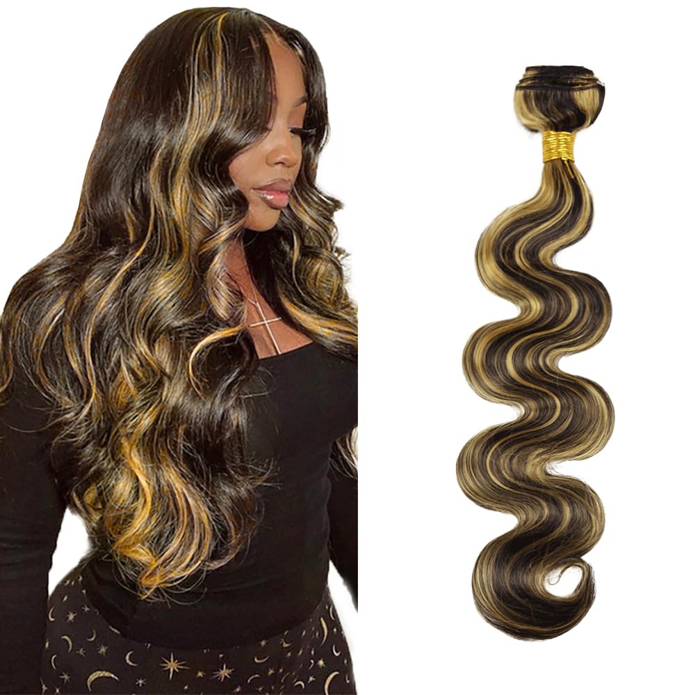 Photo 1 of 34 Inch Highlight Bundles Human Hair Blonde Body Wave Bundles Double Weft 2 Tone Black and Honey Blonde Bundle Hair Weave