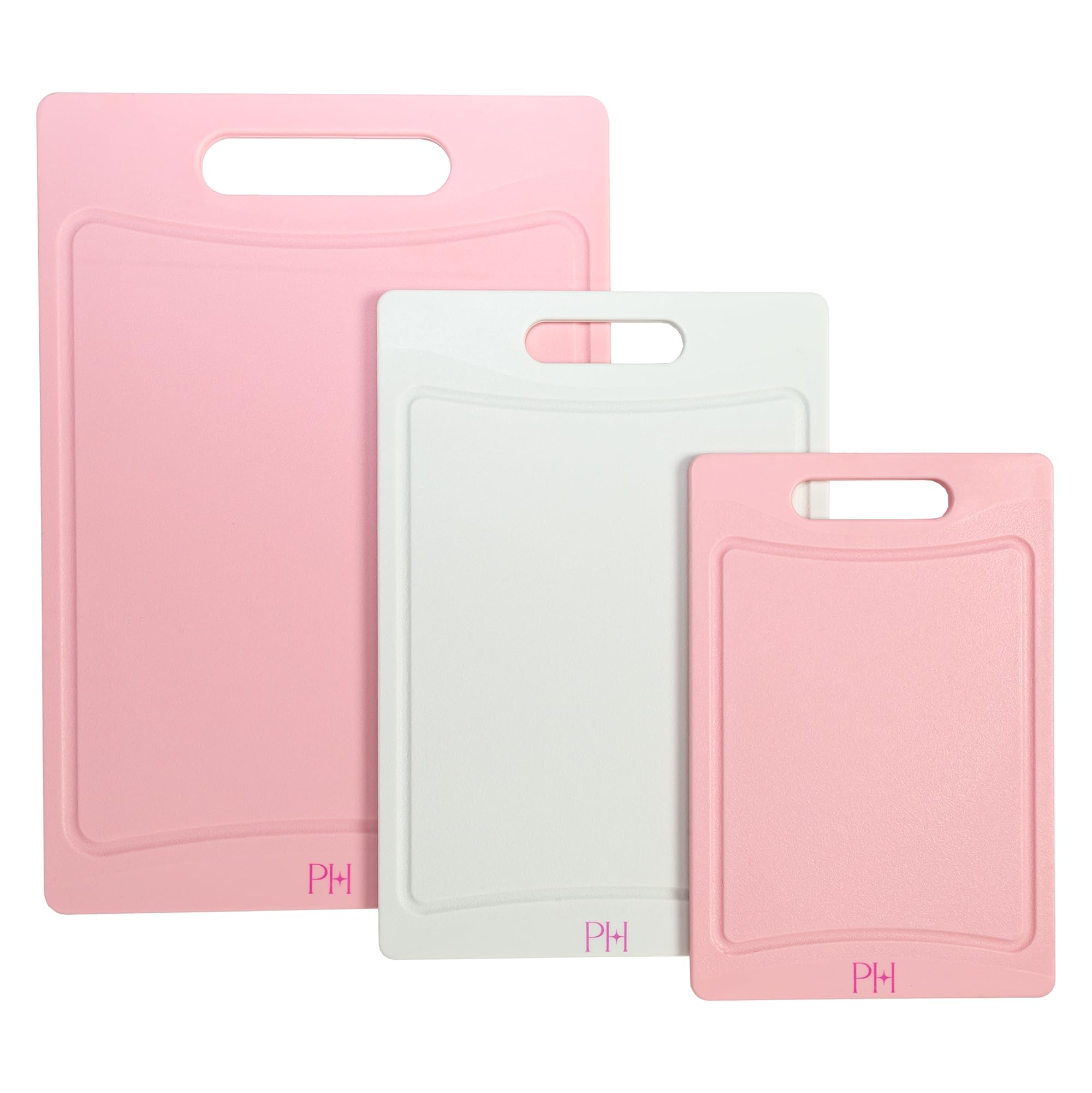 Photo 1 of Paris Hilton Cutting Boards, Dual-Sided Cutting Board Set with Built-in Juice Grooves, Easy-Grip Handles, Heavy-Duty Plastic Made without BPA, Dishwasher Safe, 3-Piece Set, Pink and Cream