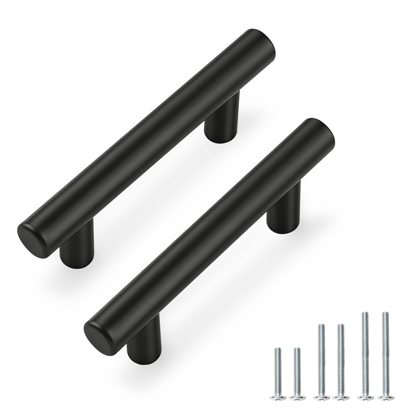 PinLin 5 Pack Kitchen Door Handles 64mm Hole Centre Flat Black Cabinet Handles Stainless Steel Cupboard T Bar Handle (Screws Included)