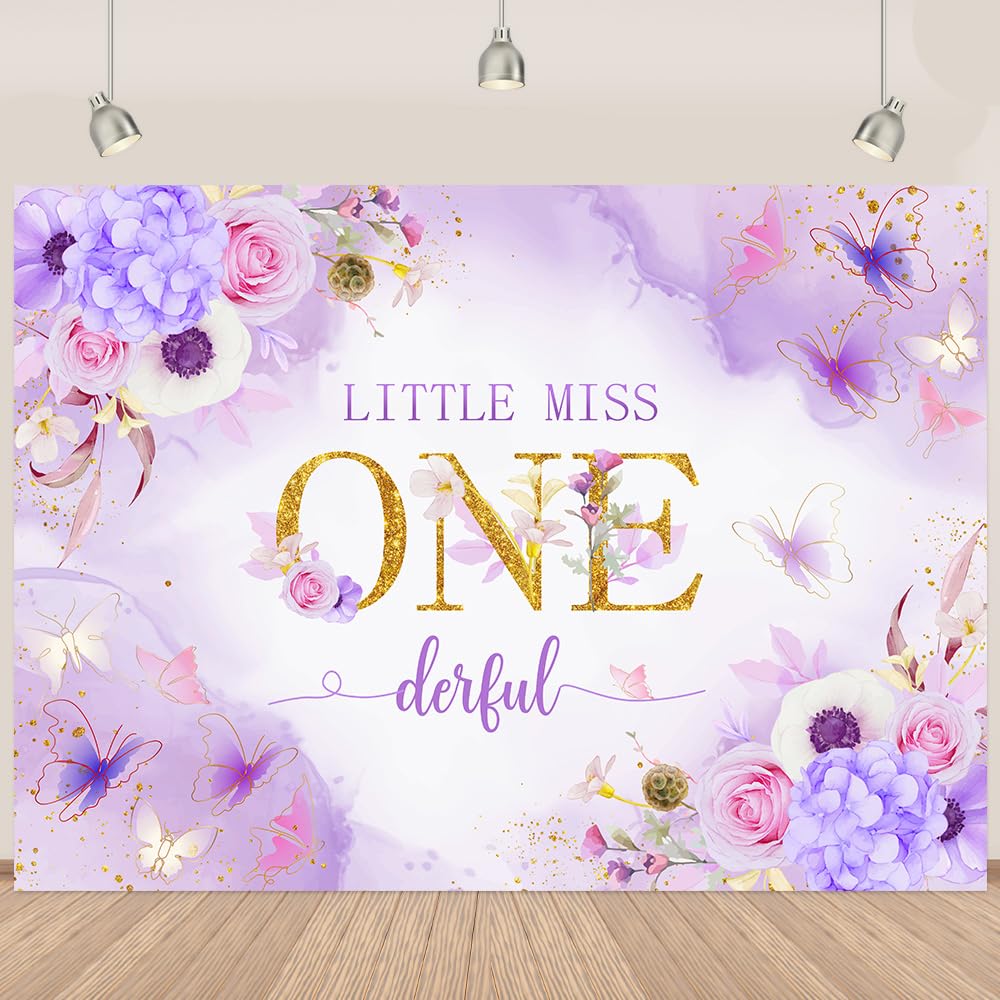 Photo 1 of Happy First Birthday Banner Purple Little Miss Onederful Backdrop Floral Gold One 1st Birthday Decorations Girl Purple Watercolor Butterfly Backdrop Banner 7x5Ft