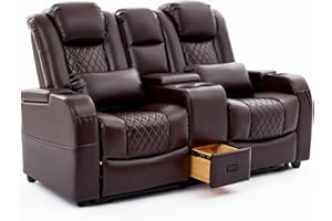 AZXZCS Home Theater Seating, Loveseat Recliner Sofa PU Leather with Central Console and 2 Pillows, Wall Hugger Recliners & 135° Reclining Theater Seats (Row of 2,Brown)