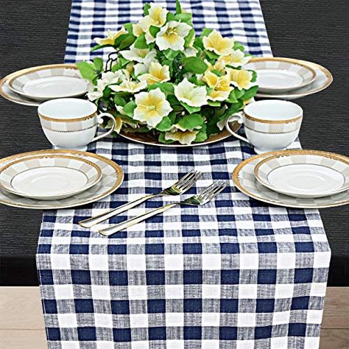 Ruvanti Table Runner.100% Cotton Extra Long (14x90“) Farmhouse Table Runner. Buffalo Check Blue & White Plaid Dinning Table Runner. Linen Table Runners for Indoor/Outdoor Parties, Coffee Gatherings.