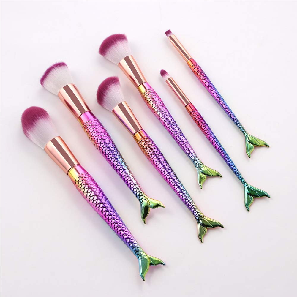 HeyMoly Mermaid Makeup Brush Kit Set 6pcs Portable Beauty Cosmetic Tools kit Foundation Face Powder Blush Eyeshadow Brushes (Rainbow)