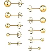 Gold Stainless Steel Ball Stud Earrings Set for Women, 5 Pairs (3mm - 7mm)