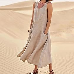 Women 's Summer CottLinen Long Dress Sleeveless
