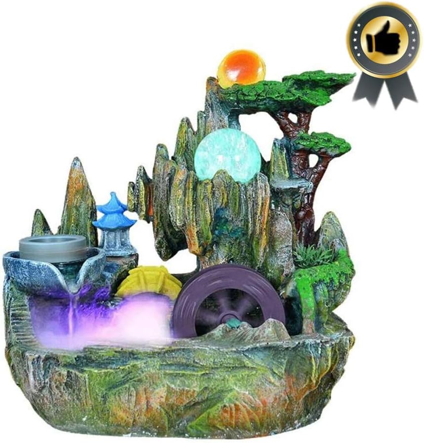 JINFAN Indoor Tabletop Water Fountain Environmental Resin Waterfall Home Decor Waterfall Desktop Fountain Garden Fern Creek Forest Pond Rockery Fountain With Led Colorful Lights