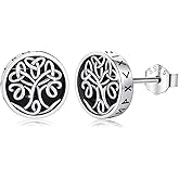 Yueyuan Black Onyx Stud Earrings for Men 925 Sterling Silver Viking Rune Tree of Life/Celtic Knot/Cat/Eye of Horus Earring Nordic Rune Viking Jewelry Gifts for Christmas Birthday Father's Day New Year
