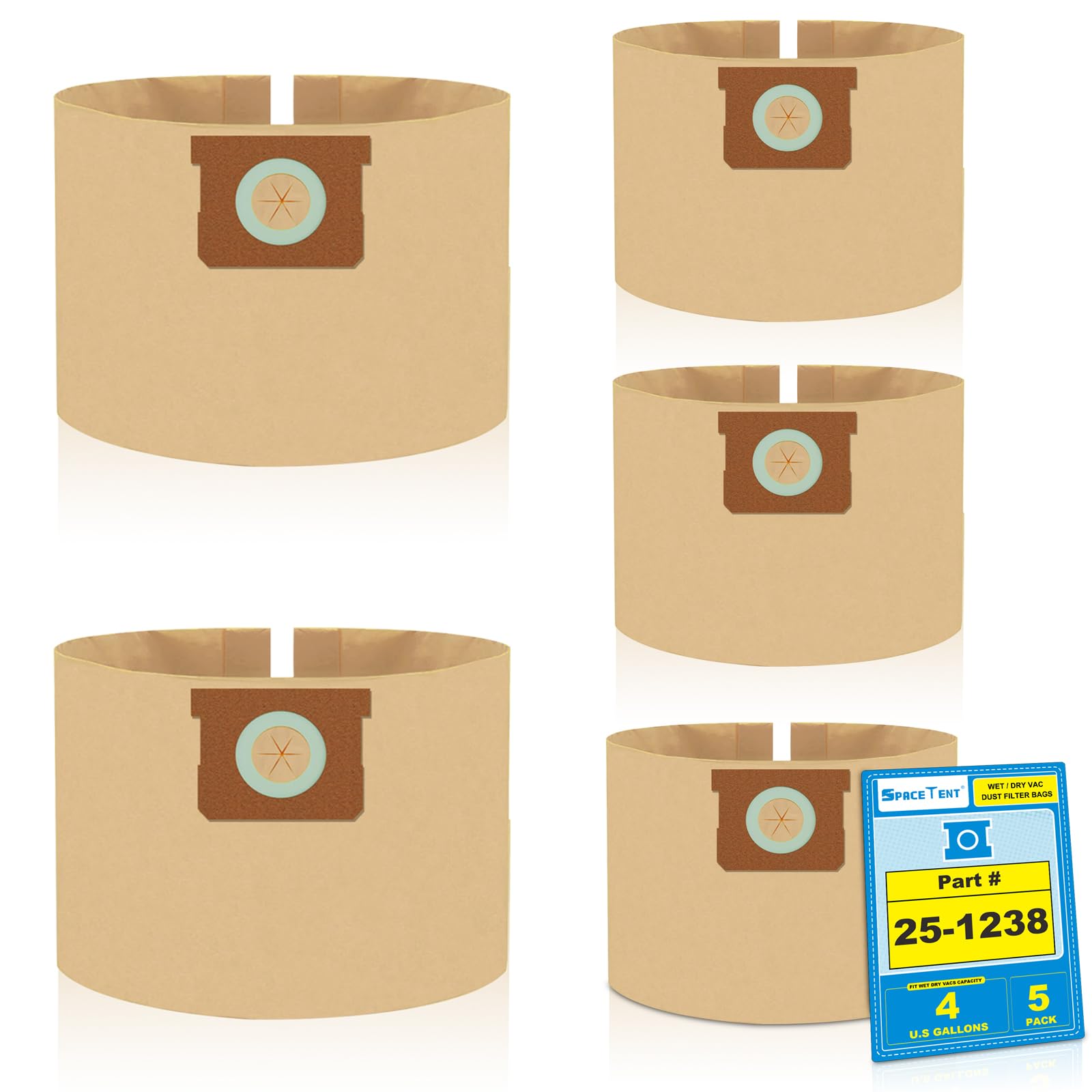 Photo 1 of SpaceTent 5 Pack Replacement Shop Vac Filter Bags 25-1238 for Stanley and Porter-Cable 4 Gallon Wet Dry Vacuums PCX18301-4B SL18301-3B, Part# AT25-1238