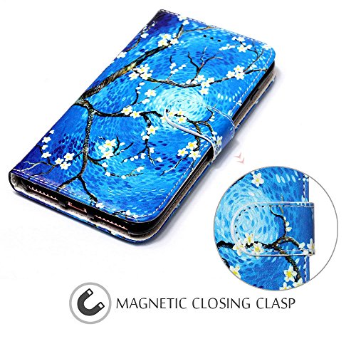 JanCalm iPhone 8 Plus/7 Plus Wallet Case [Kickstand Feature][Card Slots/Side Pocket][Wrist strap] PU Leather Wallet Magnetic Flip Folio Cover for iPhone 8 Plus/7 Plus + Crystal pen (Blue/Flower) - Thumbnail 4