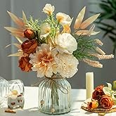 LESING Dahlia Flower Aritificial Flower with Vase Fake Silk Flowers in Glass Vase, Faux Rose Flowers Arrangement for Home Office Table Centerpiece Decoration (Champagne)