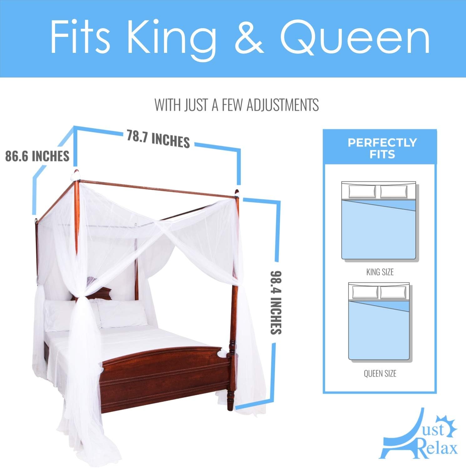 Just Relax Four Corner Post Elegant Mosquito Net Bed Canopy Set, White, Full/Queen/King, 86.6x78.7x98.4 Inches: Home & Kitchen