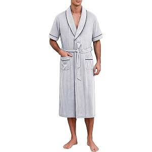 LZHQLZH Men’s Plus Size Kimono Bathrobe Short Sleeve Shawl Collar Belted Lounge Robe with Pockets Soft Midi Length Nightwear