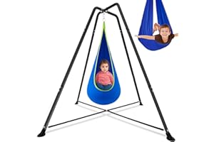 Lingvee Swing Stand Frame with Sensory Pod Chair and Swings Set Kid Heavy-Duty Metal Swing Frame Hammock Chair Stand Tree Saucer Sensory Round for Kids Adult Indoor Outdoor Backyard Park(Blue)