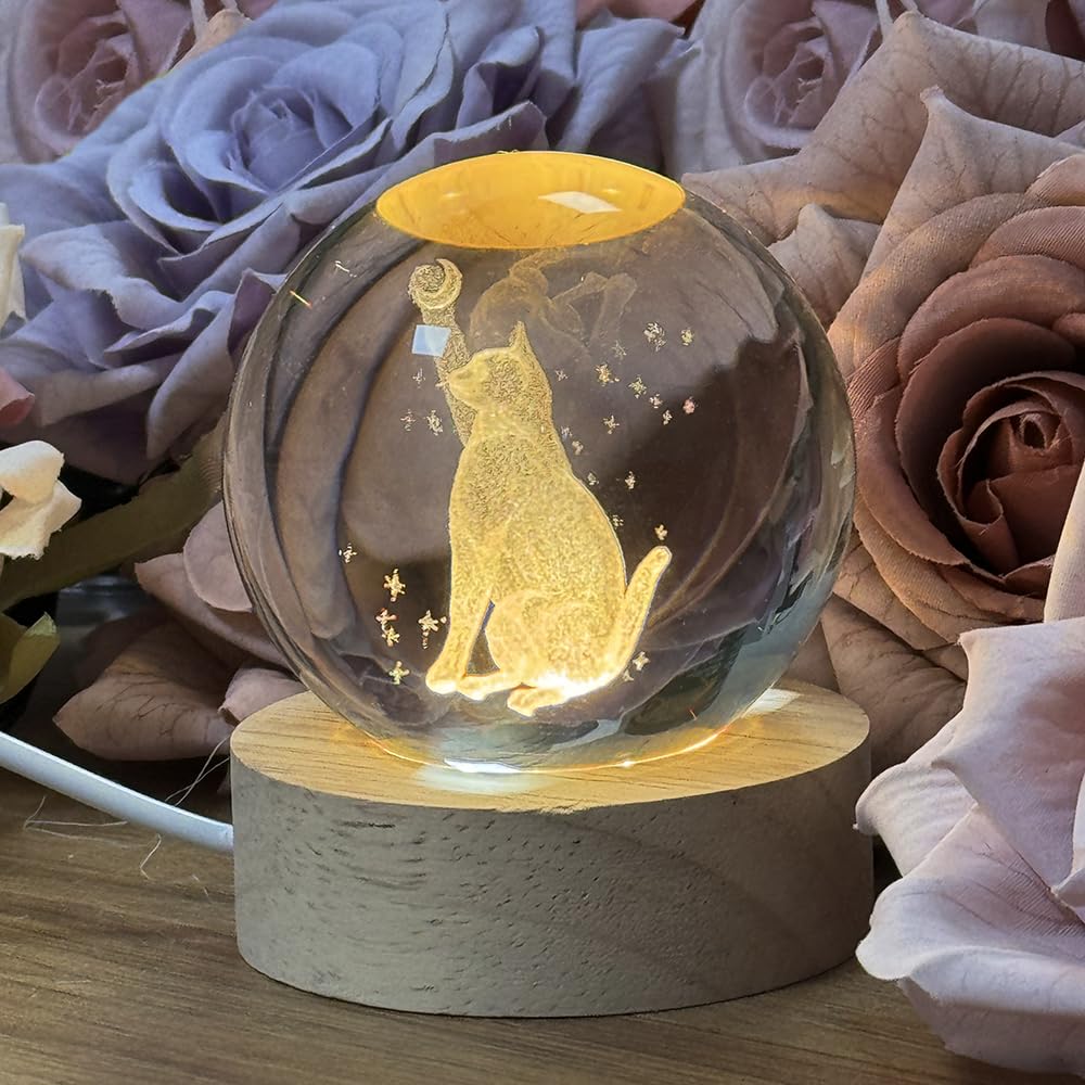 GUOCHENG Cat Crystal Ball Light, Kitty Figurines in Crystal Ball with Stand Paperweights Decor, Cat Collectibles Themed Decorative Desk Lamps, Cat Lover Gifts(Moon)