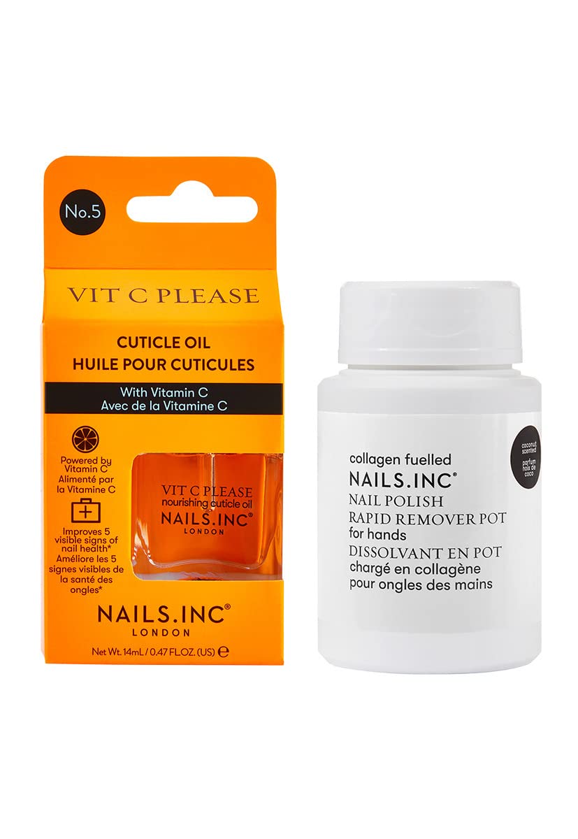 Nails.INC Nourish My Nails 2-Piece Nail Treatment Set – Vitamin C Cuticle Oil & Collagen Nail Polish Remover Pot, Hydrating & Strengthening Nail Care Duo, Vegan & Cruelty-Free Manicure Essentials